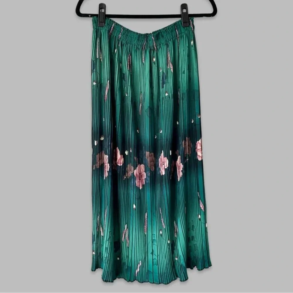 Floral Pattern Pleated Stretchy Midi Maxi Skirt